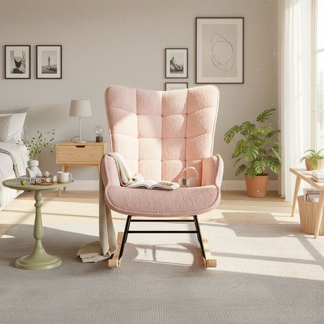 Fauteuil à bascule matière polaire teddy - balancelle relaxante, coussin dos haut, 75x68x92 cm, pieds imitation bois, confort optimal - rose (1/5)