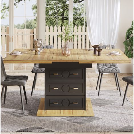 Mesa extensible de MDF y metal 110-140 x 80 x 75 cm, acabado madera natural, 6 plazas (1/4)