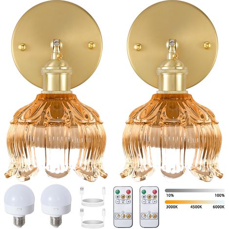 Lot de 2 appliques murales LED rechargeables avec télécommande, lampe de chevet sans fil, intensité variable, 3 températures de couleur, avec ampoule (1/5)