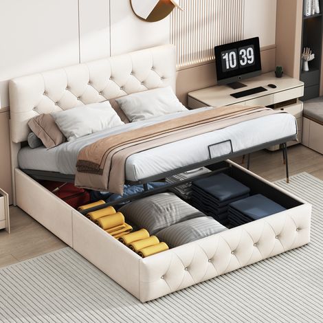 Letto contenitore 160x200, letto imbottito, struttura letto con rete a doghe, letto matrimoniale, velluto, beige (1/5)