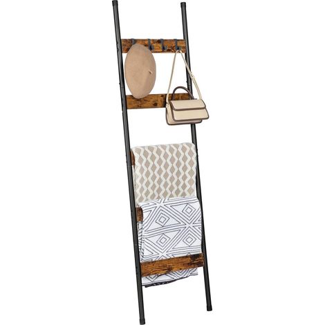 Blanket Ladder, Towel Rack with Hooks, Towel Ladder, 5-Tier Wall-Leaning Blanket Rack, Decorative Display Ladder Shelf, for Scarves, Bedroom, Industrial, HOOBRO EBF52CJ01