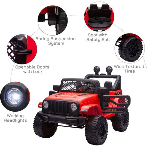Kids Electric Ride On Car 12V Off Road Toy with Parental Remote Control 2 Motors Horn Lights Suspension Wheels for 3-6 Years Old Red