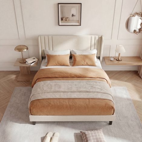 Lit adulte 160 x 200 cm - Tête de lit rembourrée - Cadre de lit en tissu - Sommier à lattes - Conception silencieuse - Espace de rangement sous le lit (1/5)