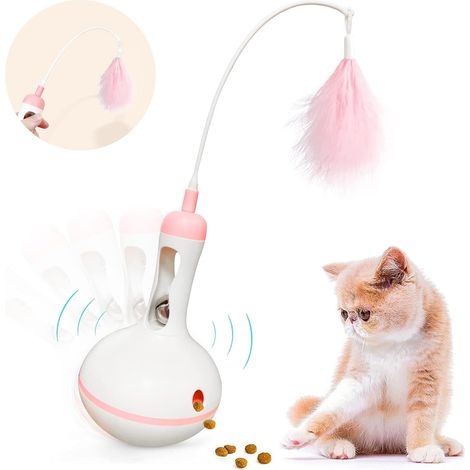 Balle interactive pour chat avec balle à plumes, jouet d'éveil pour chat, jouet à plumes avec clochette pour chats, jouet interactif pour chat, jouet interactif rotatif 4 en 1 pour chat (rose)