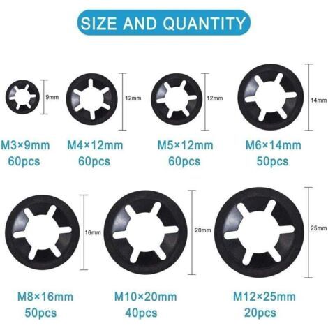 Rondelles de Blocage Universel Rondelle de Verrouillage M3 M4 M5 M6 M8 M10 M12 Rapide Pousser Fixations Assortment Kit avec Boîte Noir 340 Pièces (1/3)