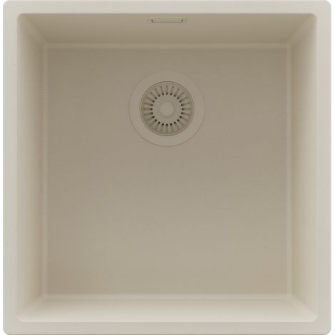 PRIMAGRAN Evier Cuisine en Granit 46x47cm,Lavabo 1 bac + Kit de Vidage, Évier à Encastrer au meuble 50cm - London Slim, Beige (1/5)