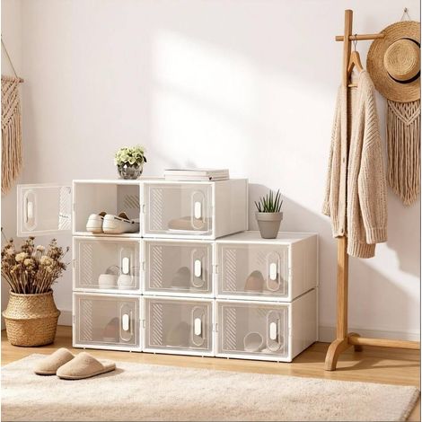 Lot de 8 boîtes à chaussures 25x35.5x18.5 cm transparent et blanc en plastique empilables à ouverture frontale (1/5)