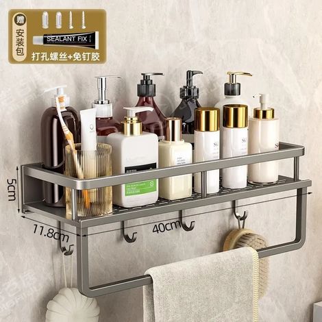 (Gris avec crochet 40 cm) Étagère de rangement murale de luxe pour salle de bain, sans perçage, idéale pour l'organisation de la cuisine et la décoration intérieure. (1/5)