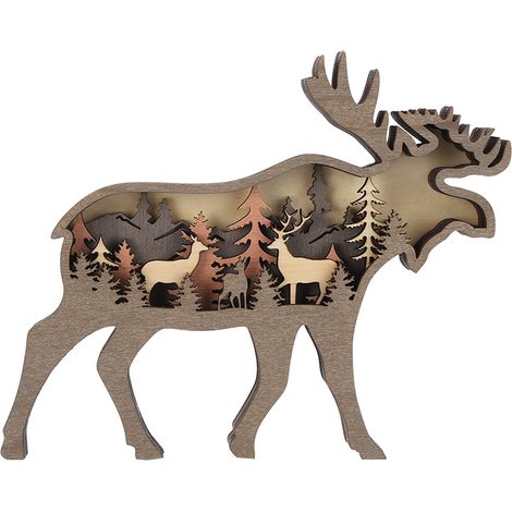 Décoration lumineuse 3D en bois sculpté multicouche représentant un animal de la forêt, avec guirlande lumineuse LED et motif cerf. (1/5)