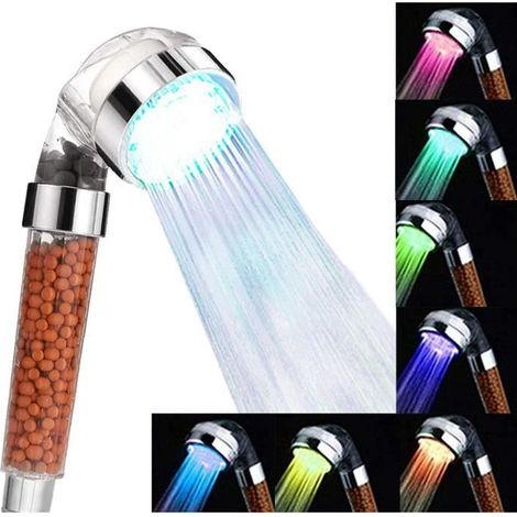 Cabezal de ducha LED de 7 colores, ducha de mano transparente con filtro iónico y piedra de spa integrada (1/4)