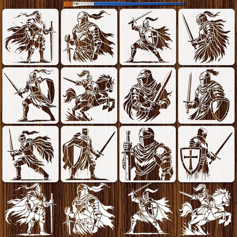 12Pcs Pochoirs Chevalier pour Peinture 30x30cm Pochoirs Chevaliers Médiévaux Réutilisable Modèle Peinture Épée et Bouclier Chevalier Avec Un Pinceau pour Projets Artisanat Artistique DIY (1/5)