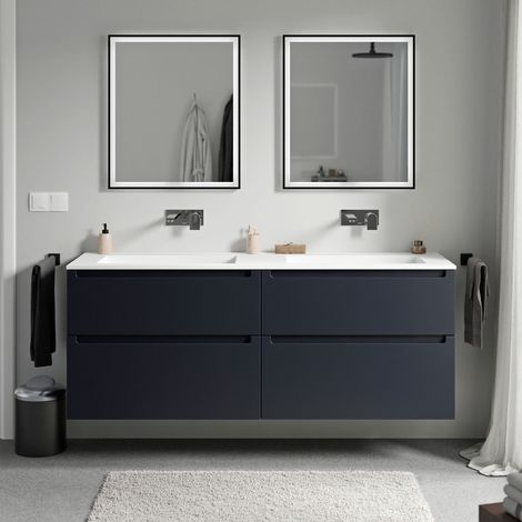 BERNSTEIN - Meuble double vasque suspendu salle de bain MDF Bleu nuit mat, lavabos fonte minérale Blanc mat sans trou robinet, tiroirs passe-main pivotants - 160x46x62cm - VIREO Blanc mat sans trou po