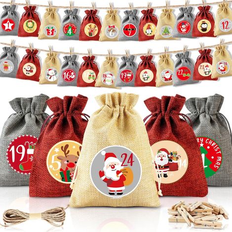 24 Stück Calendrier d'Advent à Remplir, Calendrier de Noël 2025 Sachets de Jute 10 X 15Cm, Sachets d'Advent pour Enfants, Sachets Cadeaux de Noël avec (1/5)
