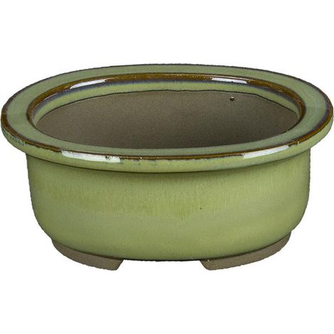 Vaso per bonsai Giapponese Morrisan ovale in gres smaltato verde chiaro 10,5x8,5x4,5 cm - B03-3-1E