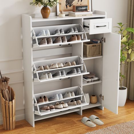 Scarpiera 92x24x121 cm, 3 ribalte, 1 cassetto e 1 anta, ripiani regolabili, MDF e pannelli truciolari, bianco (1/5)
