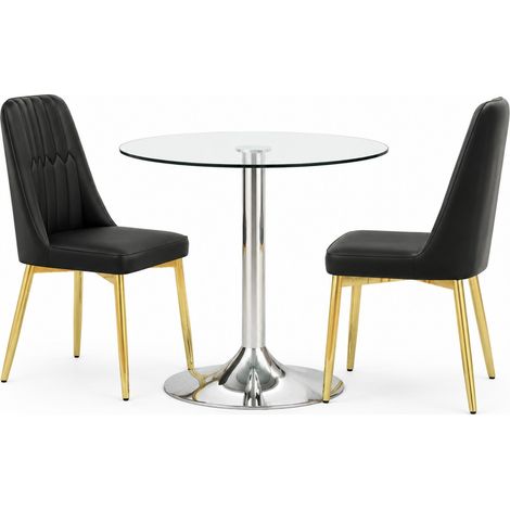 Essgruppe mit rundem Glastisch 85 cm und 2 PU-Esszimmerstühlen Schwarz Gold MODENUIT (1/5)