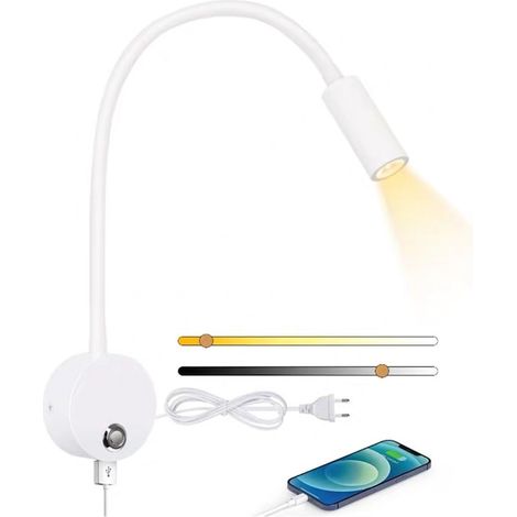 Lampe de lecture, lampe de chevet, applique murale, lampe à douille, lampe de chevet avec interrupteur, tactile et port de chargement USB, lampe col de cygne orientable à 360° avec douille et câble po (1/5)
