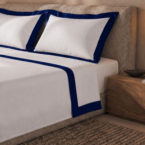 Parure de Lit 2 Personnes en Coton - Drap Housse, Drap Plat 250x295 et 2 Taies d'Oreiller - Satin Bleu