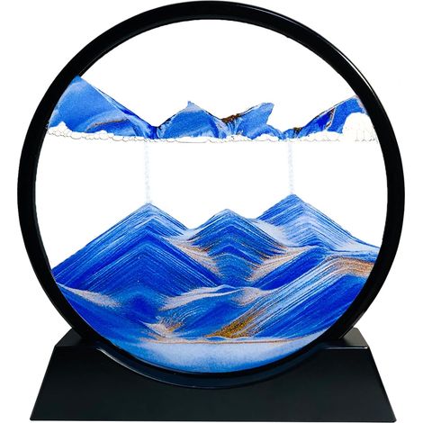 Peinture de Sable Mobile,Cadre Sablier, Images de l'art du Sable en Mouvement, Sable Dynamique dans un Verre Rond, 3D Sable de Paysage pour le Bureau Maison Décoration（Bleu, 7 Pouces） (1/5)
