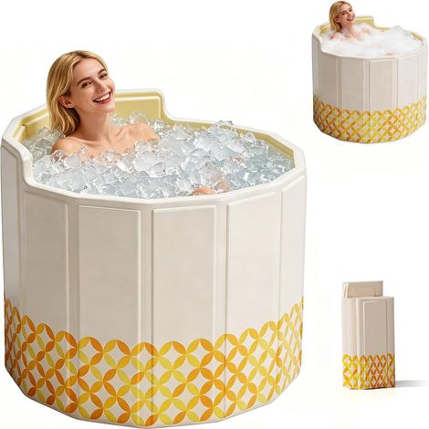 80 cm Baignoire Pliable Adulte avec Dossier, Baignoire de Douche Portable, Bain Froid et Chaud, Aucun Assemblage Requis, pour Spa, Sauna, Inclut Coussin, Tuyau de Vidange, Set de Sacs de Bain (1/5)