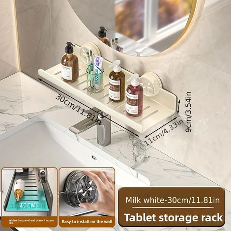 (blanc 30x11x9cm) Organisateur mural créatif à ventouses pour robinet, multifonctionnel, pour maquillage et articles de toilette de salle de bain, avec égouttoir (1/5)