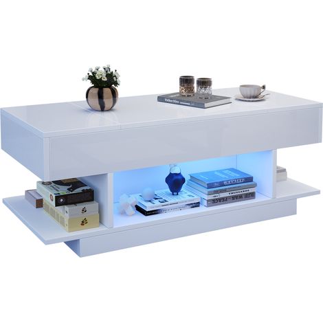 CHICFURN Tavolino da caffè elevabile 98x45x40 cm bianco in truciolare, LED e vano portaoggetti (1/5)