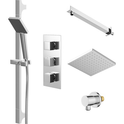 Cubix Polished Chrome Triple Thermostatic Shower Valve and 200mm Square Fixed Head with Wall Arm and Severn Shower Slide Rail Kit with Round Elbow - 2 Outlet (1/5)