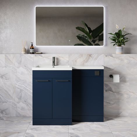 Napoli 390 Deep Blue 1100mm 2 Door Vanity Unit Toilet Suite with Square Left Hand Lucia Basin - 1100mm - Gunmetal Grey 160mm HandleWithout Kingston Toilet Pan