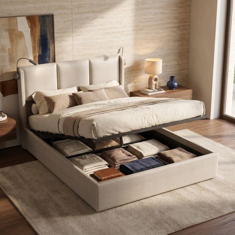 Letto matrimoniale contenitore 160x200 cm con 2 luci da lettura e USB, rete sollevabile idraulica, tessuto lino beige