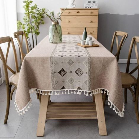 Nappe rectangulaire antitache (carrée marron, 140 x 220 cm) Nappe brodée en coton et lin Nappe imprimée élégante de style chinois pour la décoration de table en (1/4)