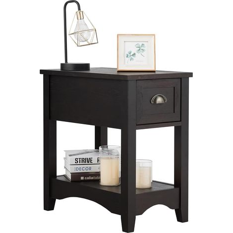 COSTWAY Tavolino da Salotto in Legno Massello, Comodino con 1 Cassetto e 1 Ripiano, Tavolino Basso da Soggiorno e Camera da Letto (56 x 33 x 58,5 cm, Caffè, 1) (1/5)