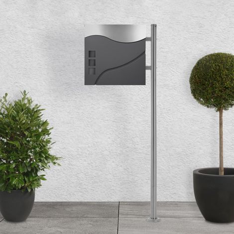 ECD Germany Standbriefkasten mit Zeitungsfach, Briefkasten mit Pfosten, Briefkastenanlage Briefkastenständer Silber 120cm Edelstahl, Postkasten Anthrazit/Silber 37 x 36,5cm Edelstahl pulverbeschichtet (1/5)