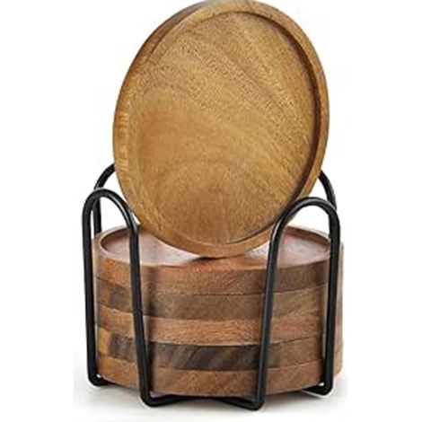 Lot de 6 Ronds Dessous de Verre en Bois d'acacia avec Support, sous-Verres Dessous de Verre en Bambou, Assiette pour Bougies de Baptême (1/4)