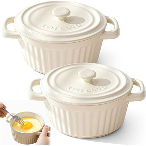 Mini cocotte avec couvercle, petit plat à gratin en porcelaine avec poignées, petit cocotte en céramique pour lasagne, soufflé, four, micro-ondes, lave-vaisselle (blanc-S-2 pièces) (1/5)