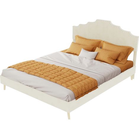 CHICFURN Estructura de cama 140x200 cm tapizada beige, cabecero geométrico, colchón incluido (1/5)