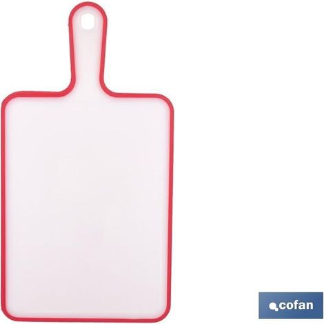 Tabla de corte 38,5 x 20,6 cm, material PP y TPE, borde antideslizante rojo. (1/4)