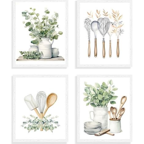 Lot de 4 Affiches Murales Botaniques pour la Cuisine, Poster Murale de Feuilles d'Eucalyptus Vert Sauge, pour la Cuisine et la Salle à Manger 20x30 cm Sans Cadre (1/5)