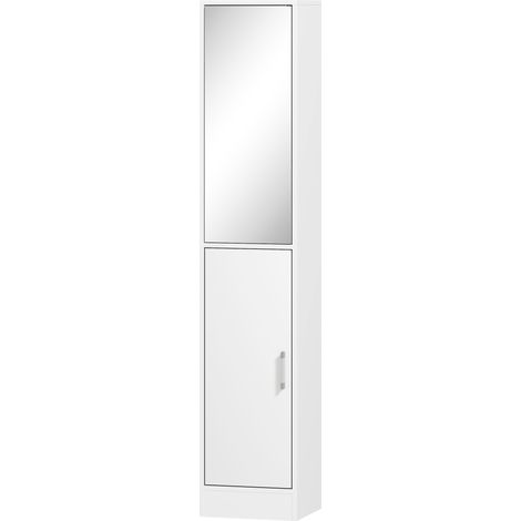 Meuble colonne salle de bain blanc 32x28x162cm avec miroir, rangement 6 niveaux, 2 portes et étagères réglables (1/5)
