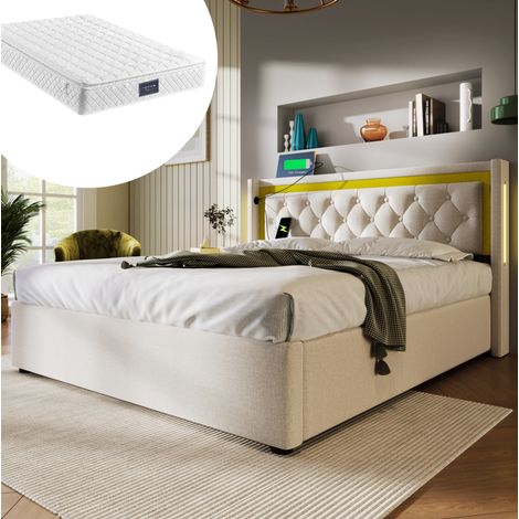 Lit coffre 140x200 LED USB coton beige avec matelas HAVRYA (1/5)