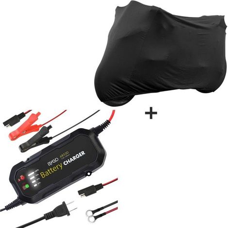 Set Batterieladegerät + Motorradabdeckung XL-XXL schwarz (1/4)
