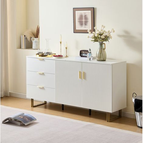 Aparador moderno de 2 puertas y 3 cajones, MDF blanco, tiradores dorados, 160 x 40 x 81,5 cm (1/5)