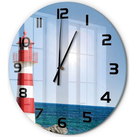 Horloge Murale Ronde Décoration Cuisine en Verre Trempé Silencieuse Moderne Phare fi 60 cm (1/5)