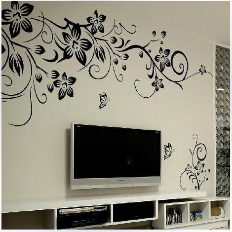 Ensemble d'autocollants muraux papillons, vignes et fleurs en PVC noir pour chambre ou salon