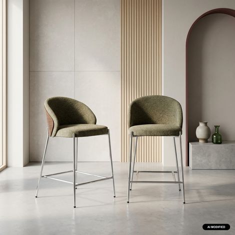 sweeek - Lot de 2 tabourets de bar bois de peuplier teinté noyer. acier chromé et tissu texturé kaki - Paul (1/5)