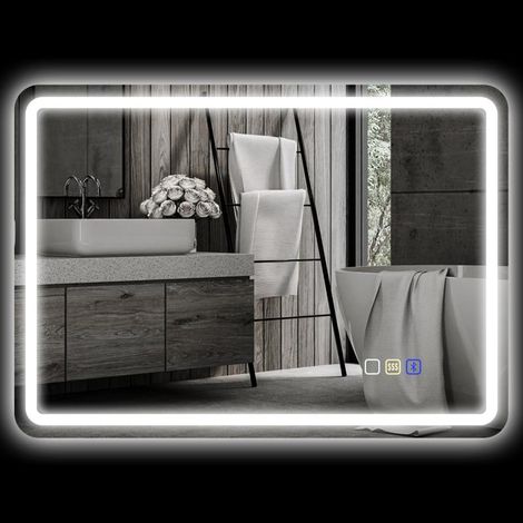Miroir de salle de bain lumineux 50x70 cm, miroir mural LED avec fonction musique Bluetooth, interrupteur tactile, fonction mémoire, éclairage antibuée 3 couleurs, argent