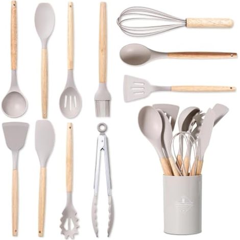 Lot de 12 ustensiles de cuisine professionnels en silicone avec poignées en bois - résistant à la chaleur jusqu'à 230 °C, revêtement antiadhésif, sr pour tous les types de vaisselle (12, kaki) (1/5)