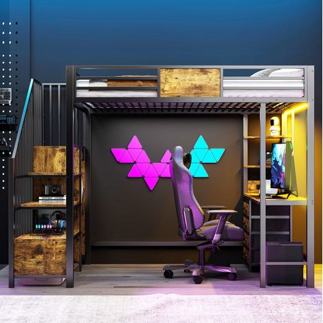 Cama alta 90x200 cm de metal negro con almacenaje y escritorio -FLORAGRACE (1/5)