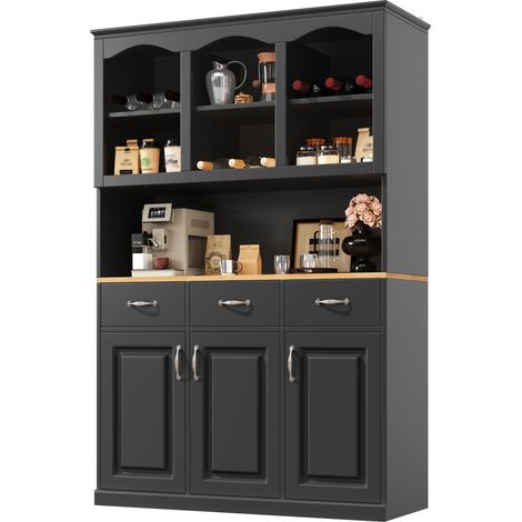 Buffet de cuisine (120 × 40 × 180 cm), buffet de cuisine haut, buffet multifonction, meuble de rangement avec trois portes, trois tiroirs et éclairage LED, noir (1/5)