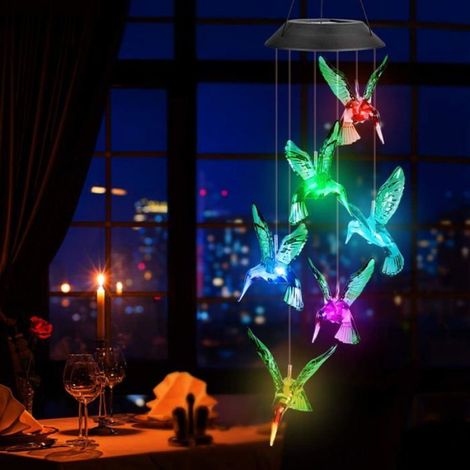 Carillon solaire à vent - Carillon colibri avec lumières LED mobiles à couleurs changeantes, lumières décoratives étanches pour (1/5)