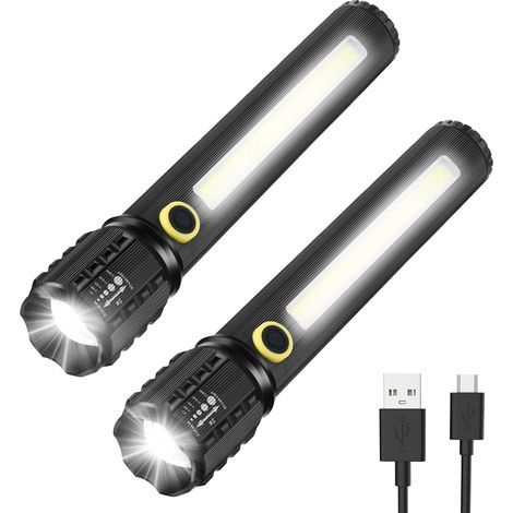 Lampe de poche LED, lot de 2 lampes de poche,lampes de poche lumineuses réglables et zoomables, lampe de poche LED rechargeable d'urgence, 16cm (1/5)